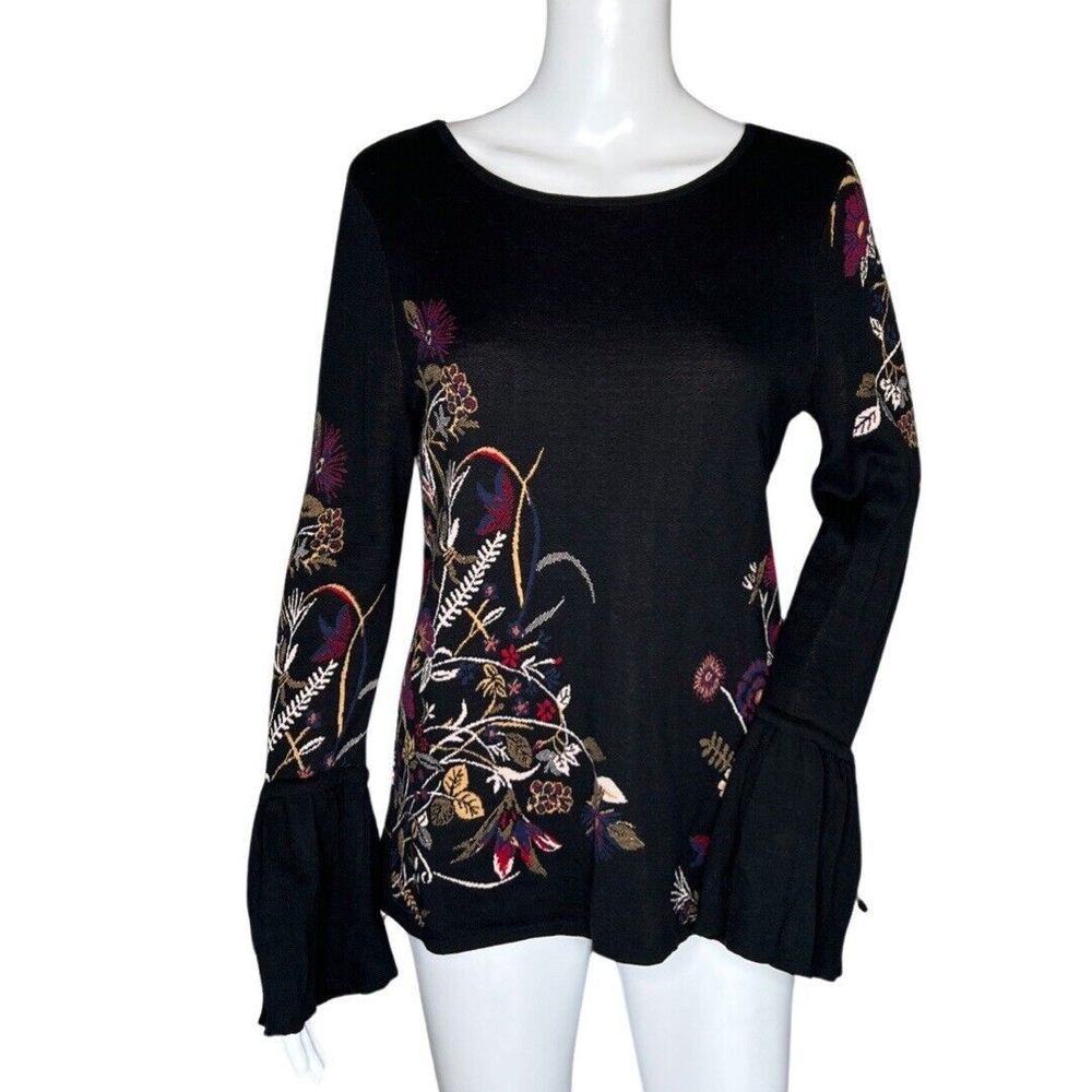 Chicos Sweater Womens Small 0 Black Pink Floral Flowers Boho Peasant Bloomcore